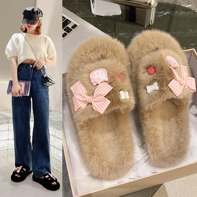 Sanrio Hello Kitty solid color plush slippers cute bow women's winter fashion thick bottom non-slip indoor one-word cotton mop