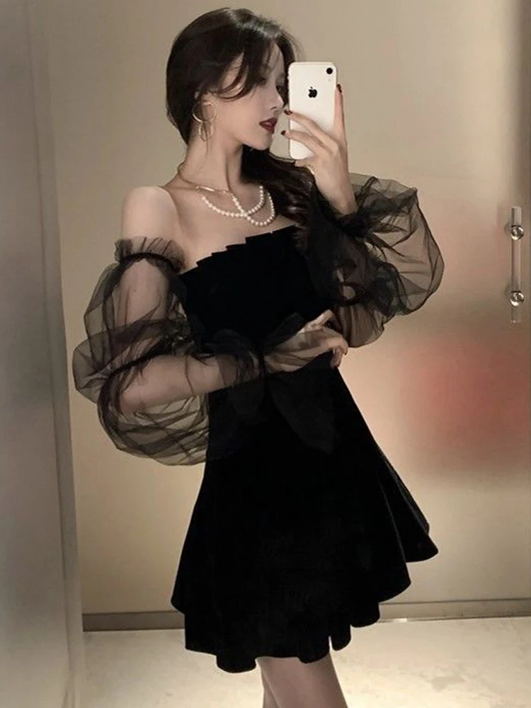 Zoki Sexy Off Shoulder Mesh Patchwork Dress Women Fashion Puff Sleeve A Line Mini Black Dress Spring Korean Lady Slim Vestidos