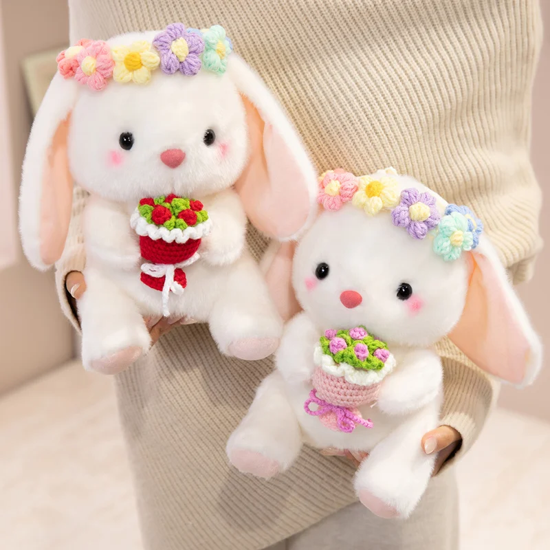 Adorable Rabbit Plush With Easter Egg And Purple Red Bouquet Detail Soft Stuffed Kawaii Spring Accent Sweet Cozy Decor
