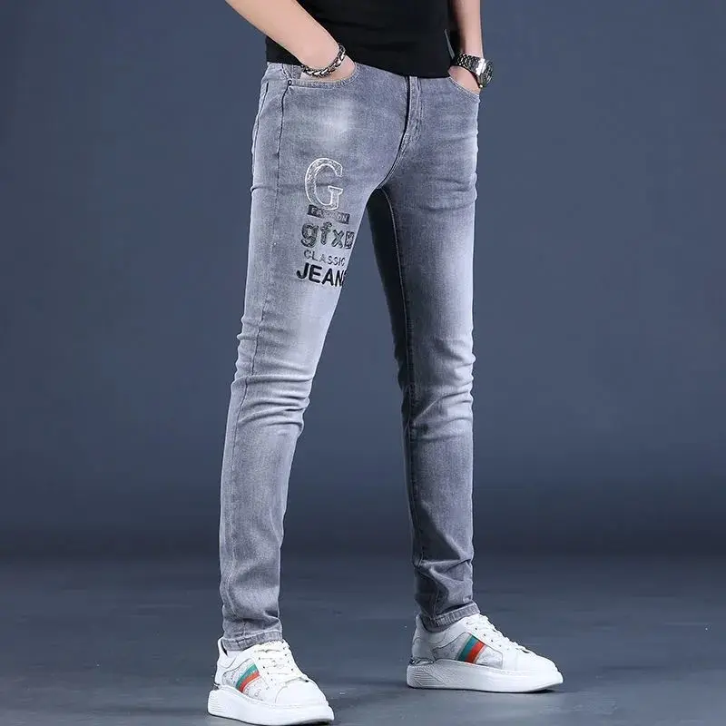 Stylish Trendy Luxury Rhinestone Designs Men\'s Classic Jeans Relaxed Fit Denim Streetwear Cowboy Boyfriend Grey Trousers for Men