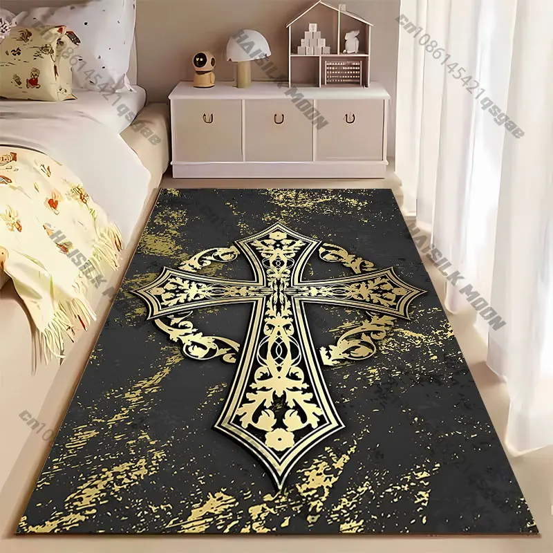Ornate golden cross design carpet Yoga living room room decor children's crawling mat doormat area rug games mat