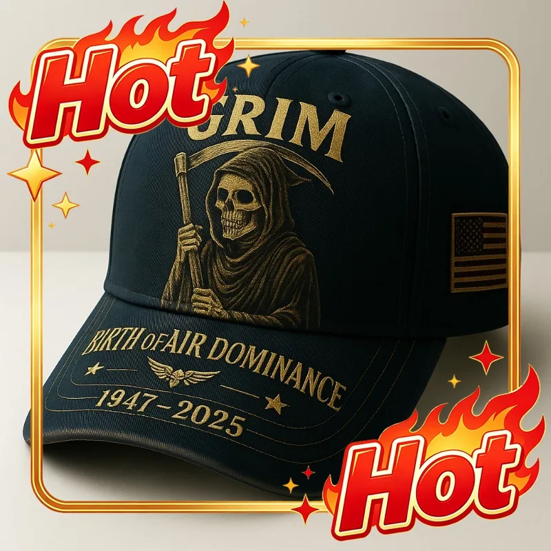 Custom Hat The Dark Emergence Of Aerial Supremacy 1947 - 2025 Featuring A Hooded Grim Reaper With Scythe, Wings, Stars, And A Ca