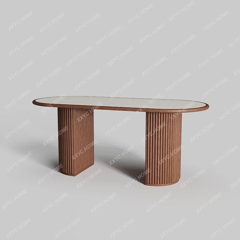 XXTravertine embedded rock slab solid wood dining table household small apartment oval high-end ash wood wabi sabi dining table