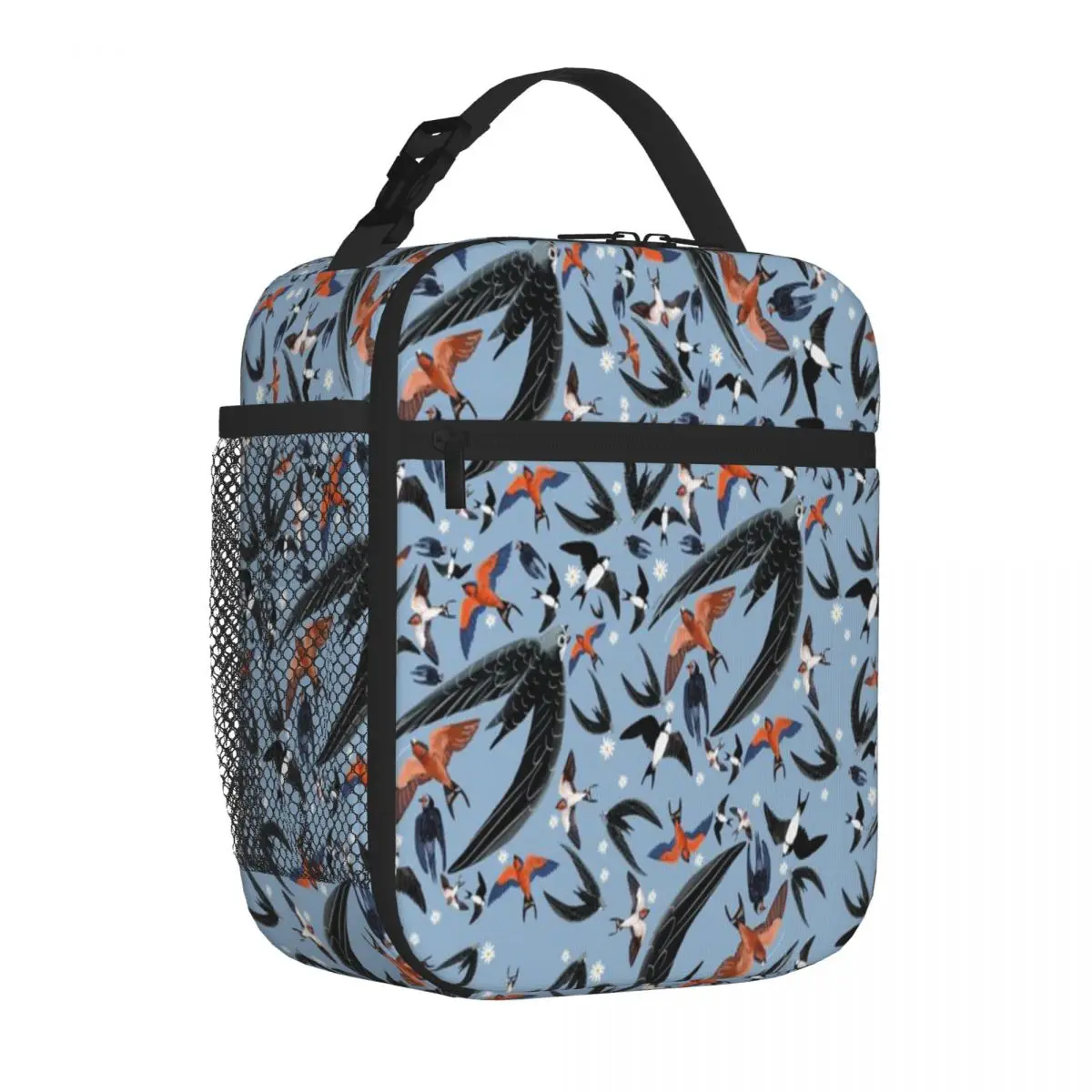 Hot Sale Swallows And Swift Pattern Baby Blue Version Stitched Detail Thermal Food Carrier Outdoor Picnic Portable Lunch Bag
