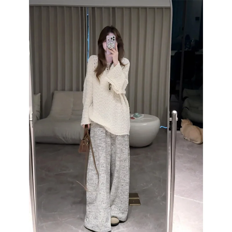 

Ленивый мягкий восковой вязаный свитер с круглым вырезом, женский осенний утягивающий брючный костюм с высокой талией