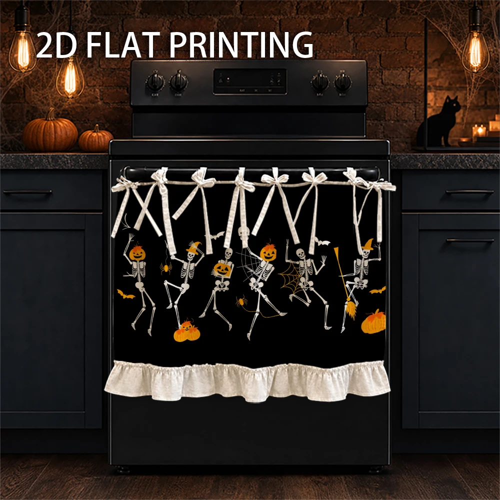 1PC Kitchen Curtain-Cabinet Curtain-Apron. Featuring dancing skeletons, pumpkins, bats, and spider webs. Can be used as a stove