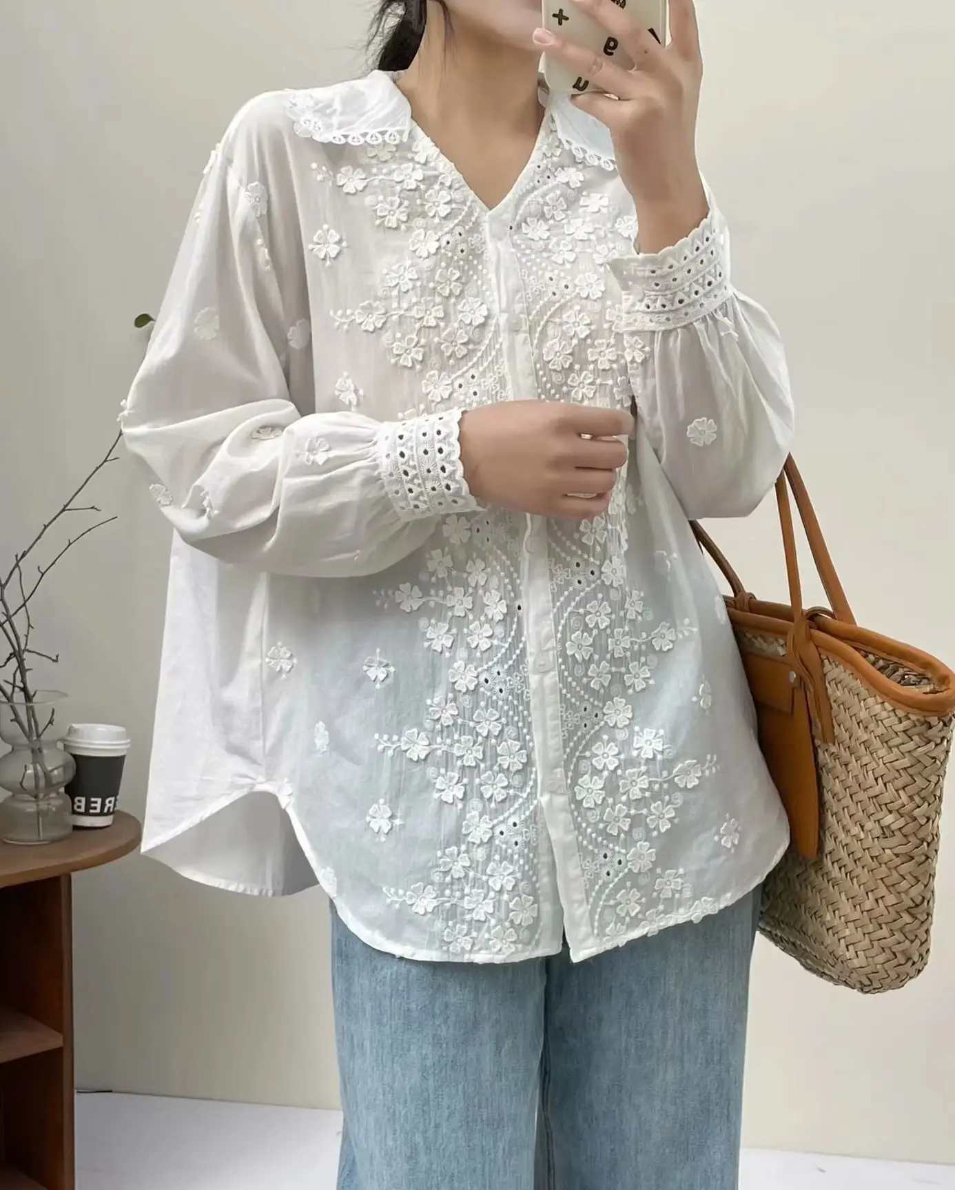 Bohemian Beige Blouses for Women Spring Tops Spain Style Hippie Design Boho Embroidered Hollow Out Shirts Cotton Clothing