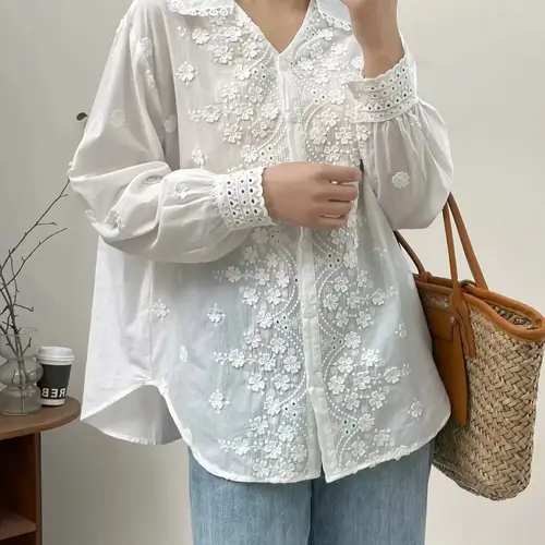 여성용 보헤미안 베이지 블라우스, 스페인 스타일 용수철 상의, 히피 디자인, 보호 자수 할로우 아웃 셔츠, 면 의류  Best5