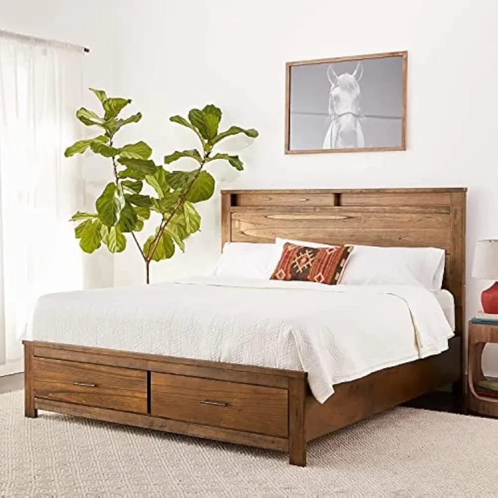 Queen Bed Frame with 2 Drawers, Wood Platform Bed Mattress Foundation with Slats Support & Storage Headboard,85