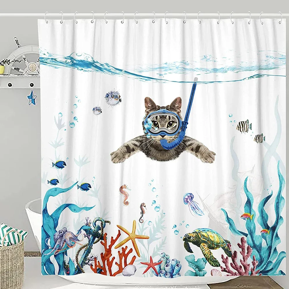 Funny Shower Curtain Brave Cat Holding Trident Arrow Riding Shark in Ocean Wave Whale Cat Shower Curtain Set Bathroom Decor Set