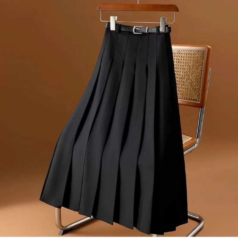Knee-length Pleated Skirts Women Korean Femme Harajuku Mujer Faldas Solid Vintage Fashion Elegant All-match Casual Temperament