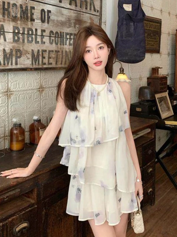 Gentle Breeze Beautiful Neck Hanging Vest Top Shorts Two-Piece Set Women's Summer Dopaamine Holiday Small Size Ensemble