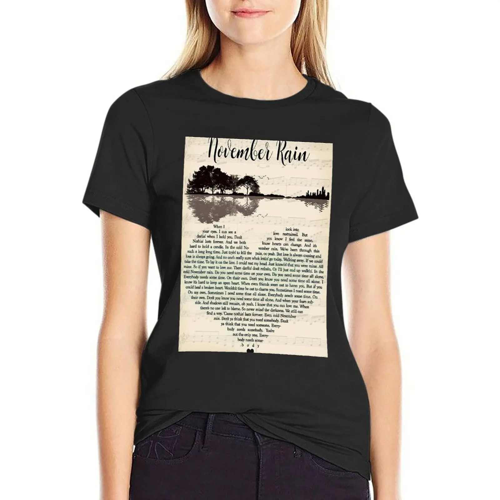 

November Rain Lyrics Guitar Lake T-Shirt lady clothes graphics kawaii clothes tshirts for Women