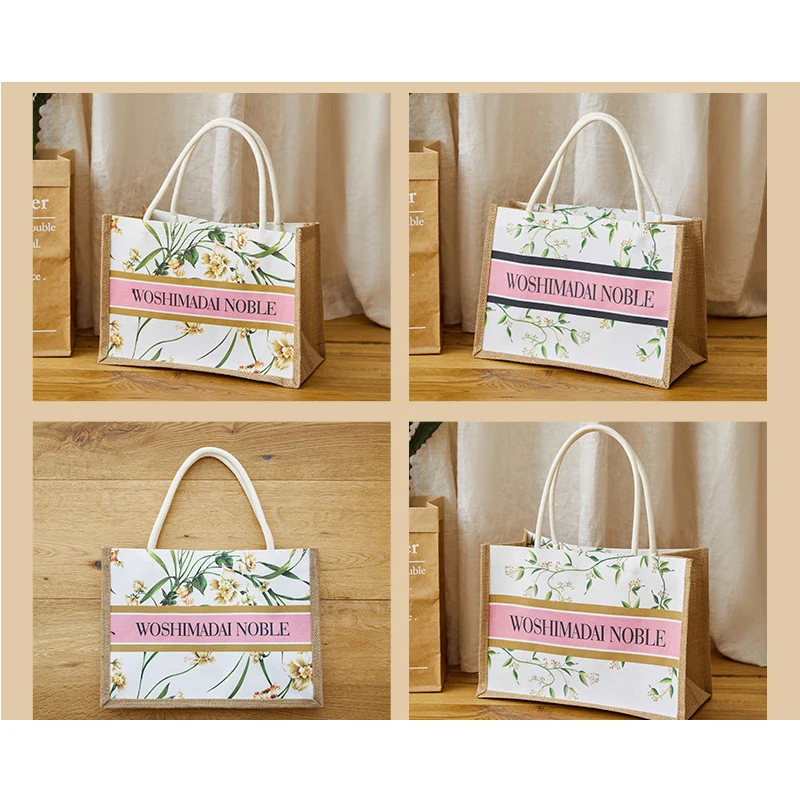 2023 Fashion 1Pcs/Lot 2 Size Flower Pattern Small Fresh Burlap Handbag Leisure Entertainment Shopping Tote Bag Can Be Customized