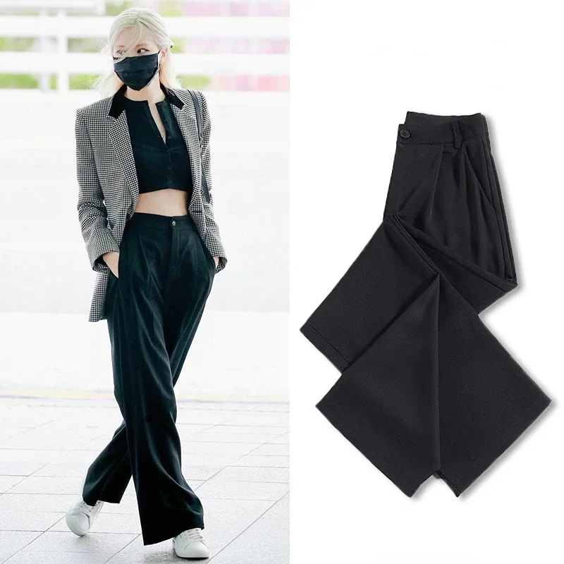 

Kpop Korean Singers Women Black Vintage High Waist Baggy Suit Pants Streetwear Fashion Female Sexy Straight Wide Leg Trousers