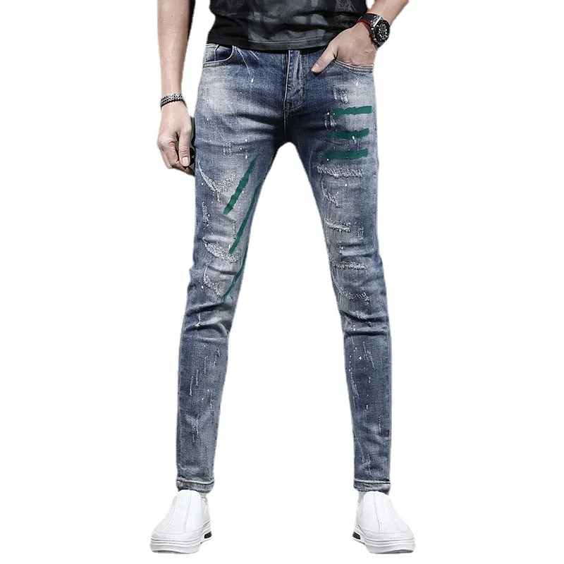 Striped Printed Ripped Men's Jeans 2023 Casual Slim Fit Blue Pants Streetwear Scratched Denim Trousers CP2187