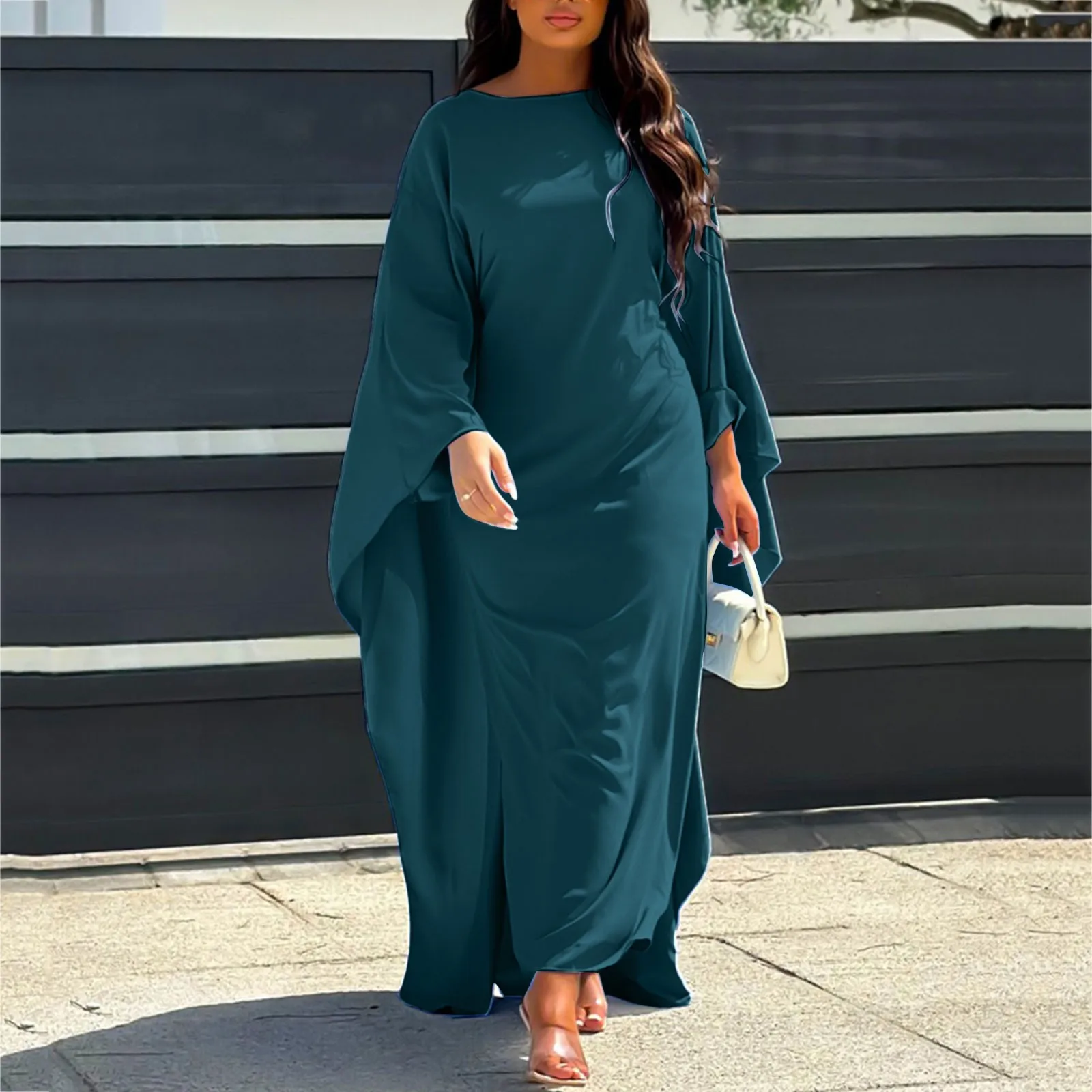 

Women Elegant Long Dress Muslim Islam Ramadan Fashion Satin Dresses Solid Color Round Collar Long Sleeve Loose Maxi Dress Summer