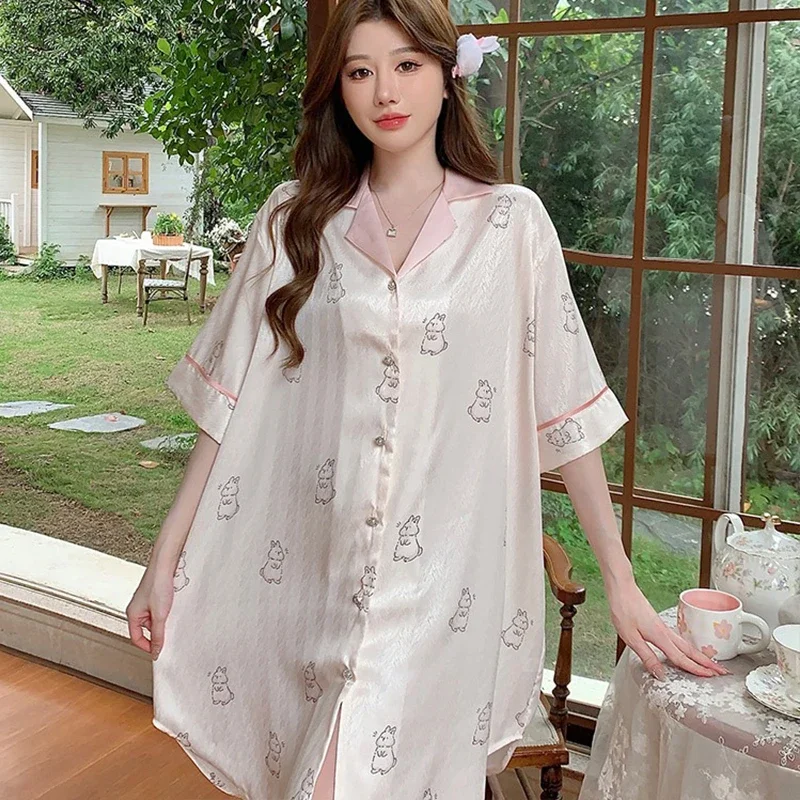 Cartoon Kawaii Cute Lucky Bunny Print Women\'s Sleepskirt French Elegant Herringbone Twill Homeskirt 2024 New Summer Shirt Skirt