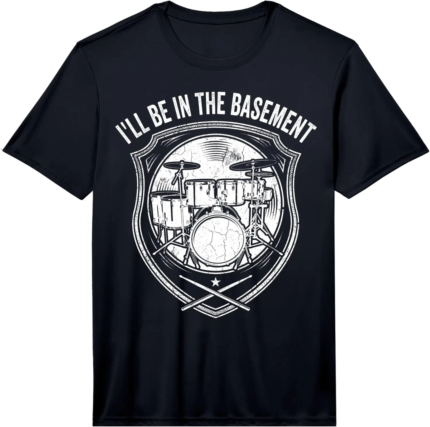 I'll Be In The Basement Vintage Drum Set Crest Illustration Performance T-Shirt 100% Cotton Trendy Y2K Short-Sleeve Tee – Soft,