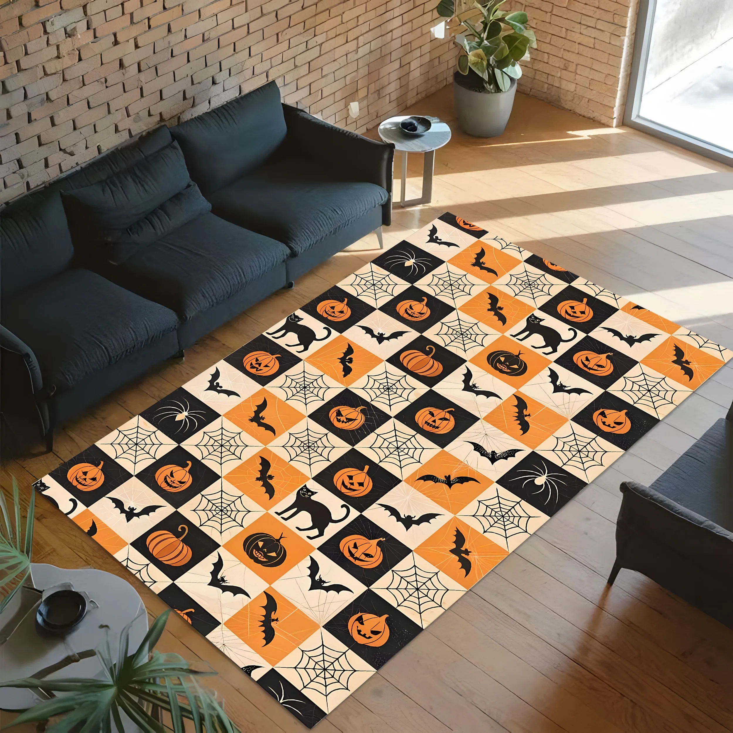 Velvet Pumpkin Black Cat Halloween Fun 2D Rug for Living Room, Bedroom and Party, Autumn/Winter