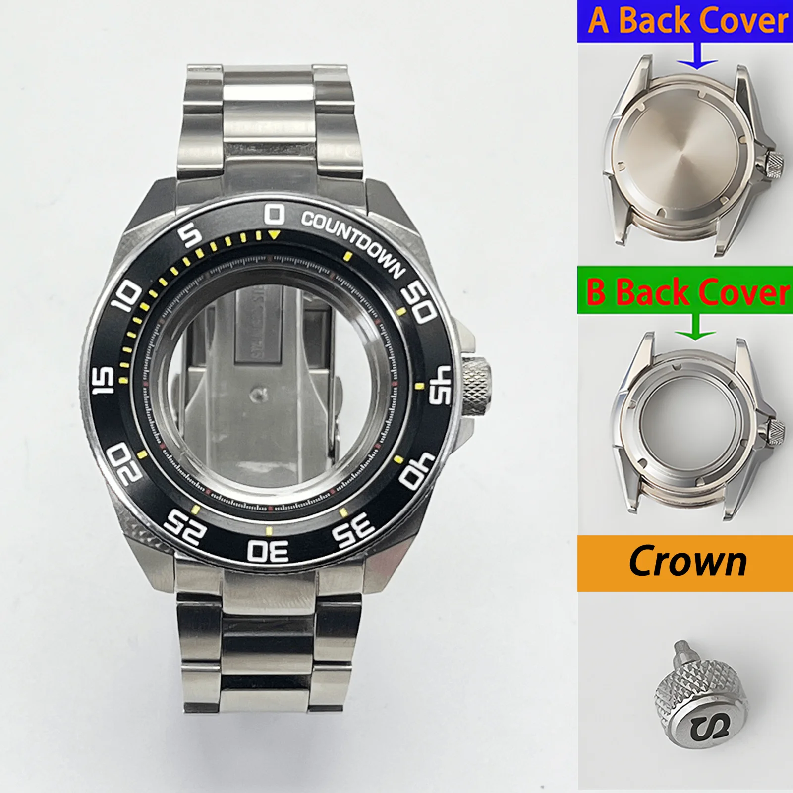 

Mod Silver 44MM NH35 Case Samurai Case Stainless Steel Insert Sapphire Glass Solid Strap Suitable for 28.5mm Dial Watch Case