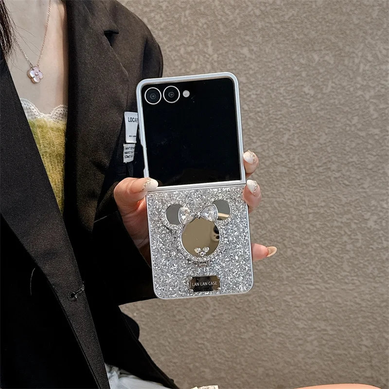 

Luxury Bling Rhinestone Minnie Mirror Phone Case For Samsung Galaxy Z Flip 7 6 5 Foldable Protective Cover with Makeup Mirror