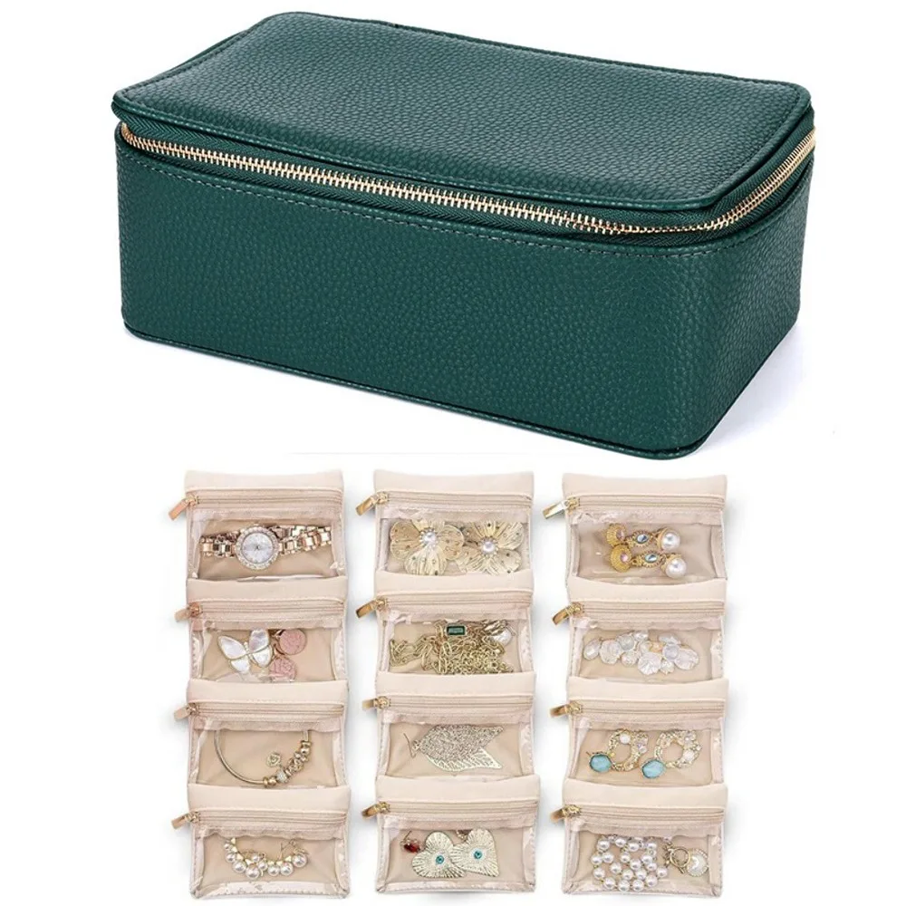 

Portable Travel Jewelry Box Large Capacity PU Leather Jewelry Case with 6/12pcs Small Pouches Jewelry Storage Box