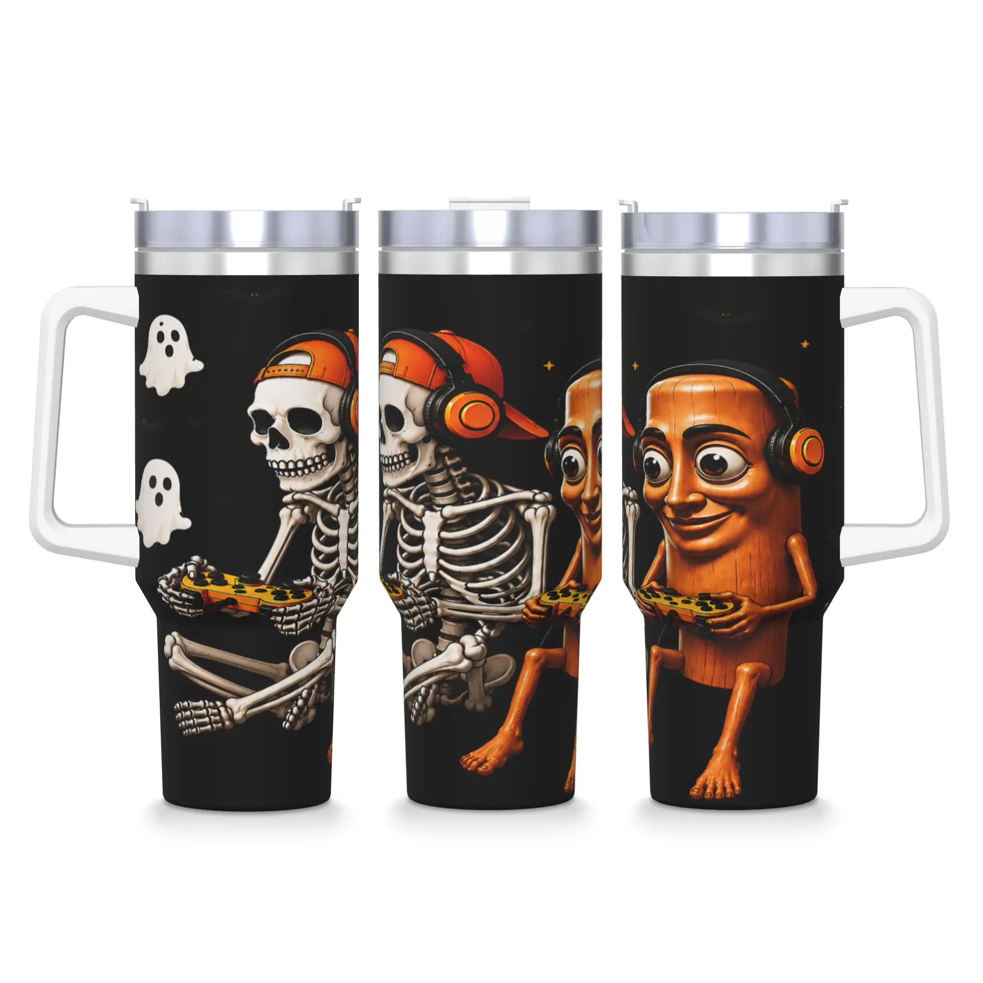 Stainless Steel Tumbler Halloween Tung Tung Sahur Skeleton Gamer Video Gaming Car Mugs With Straws Beach Hot Drinks Water Bottle