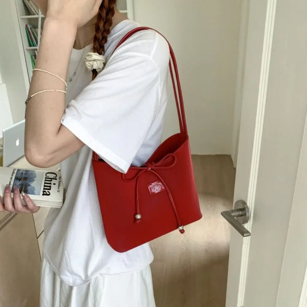 

Casual Korean Bow Bucket Bag Y2k Pu Leather Bowknot Armpit Bag Leisure Sweet Shoulder Bag Girls