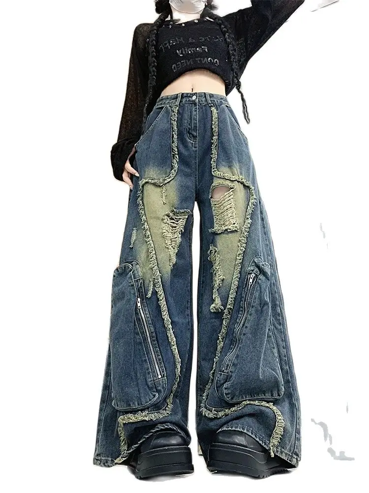 

Women Blue Y2k Star Ripped Jeans Harajuku 90s Aesthetic Streetwear 2000s Baggy Denim Trousers Vintage Jean Pants Trashy Clothes