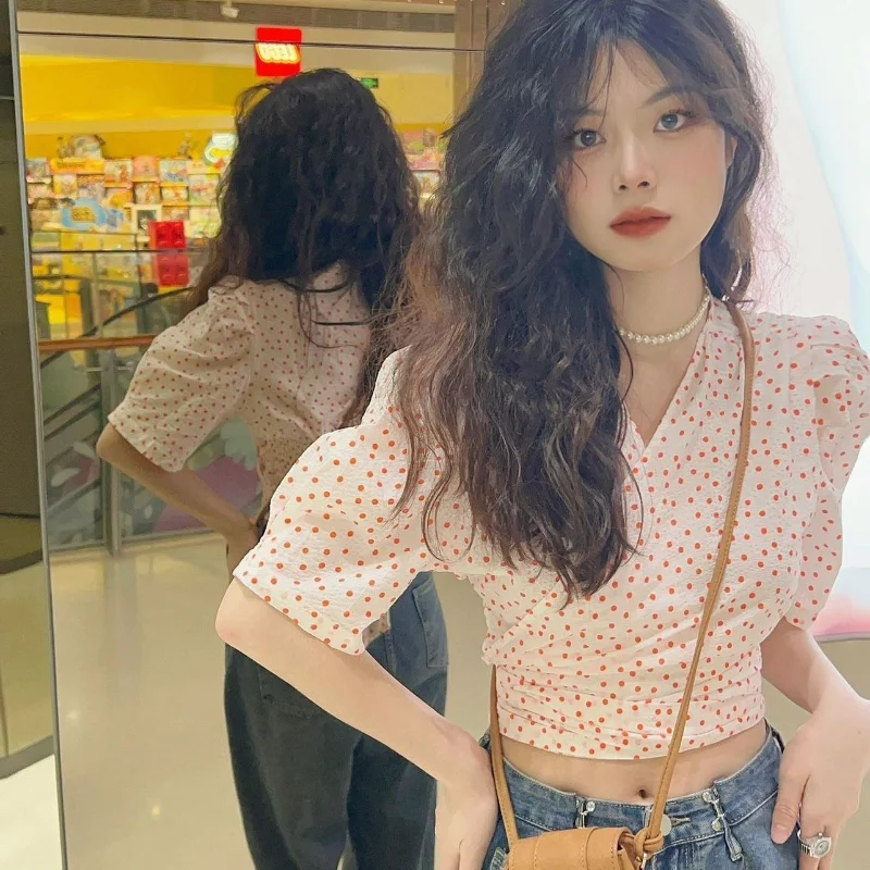 Blouse Women Summer Dot Lace-up Cropped Design Chic Retro Sweet Ladies Puff Sleeve All-match Fashion Casual Popular Ulzzang Ins