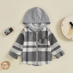 VISgogo Toddler Boys Jackets Long Sleeve Zip Up Plaid Print Hooded Shirts Tops Baby Fall Winter Coats Outwear