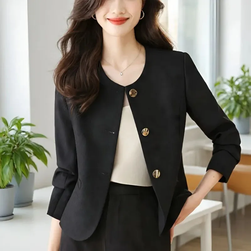 

Модная женская куртка весна-осень 2026: новая модель с длинными рукавами, круглым воротником, короткая верхняя одежда в корейском стиле, повседневный топ