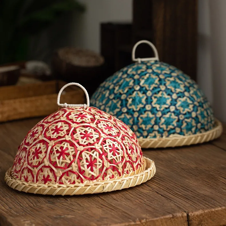 Hand-Woven Rattan South Asian Style Fruit Bowl Bread Basket Round With Lid Insect-Proof Dining Table Cover