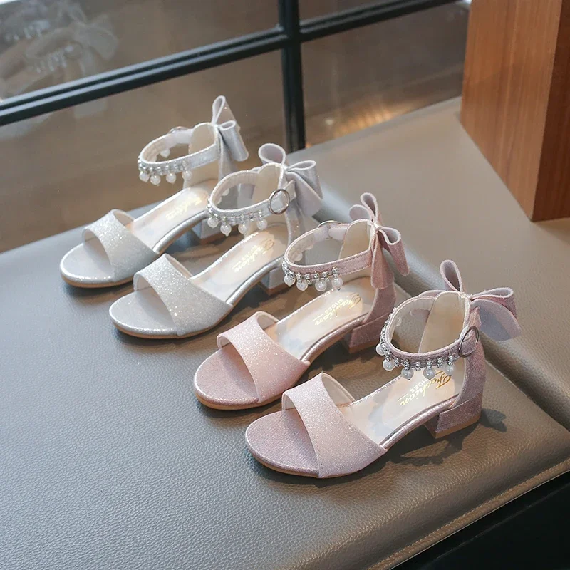 Children's Fashionable Open-Toe Sandals Rhinestone Bow Performance Shoes for Girls Ages 3–18 High-heeled Shoes for Kids Sandals