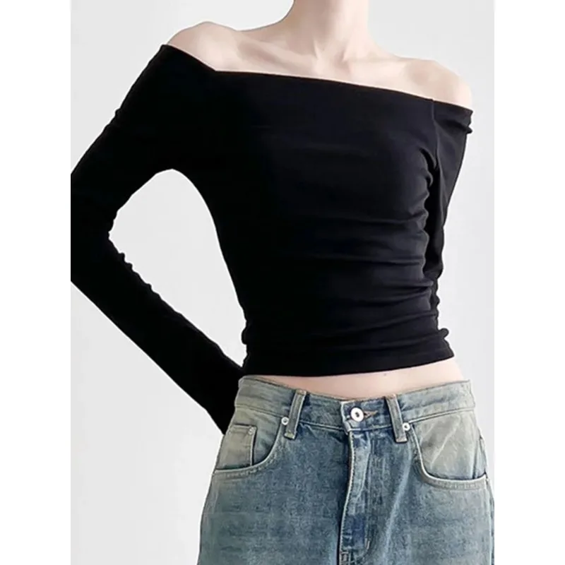 Solid Slash Neck Elegant Long Women Sleeve Tops  Fashion Slim Sexy Cropped T Shirt Women Fall Clothing