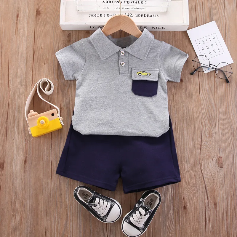 Short Sleeve Lapel Two Piece Baby Boy Clothes Suit Summer Navy Grey T Shirt Tops Shorts Casual Sport Kids 1 2 3 4 Year Old Wear