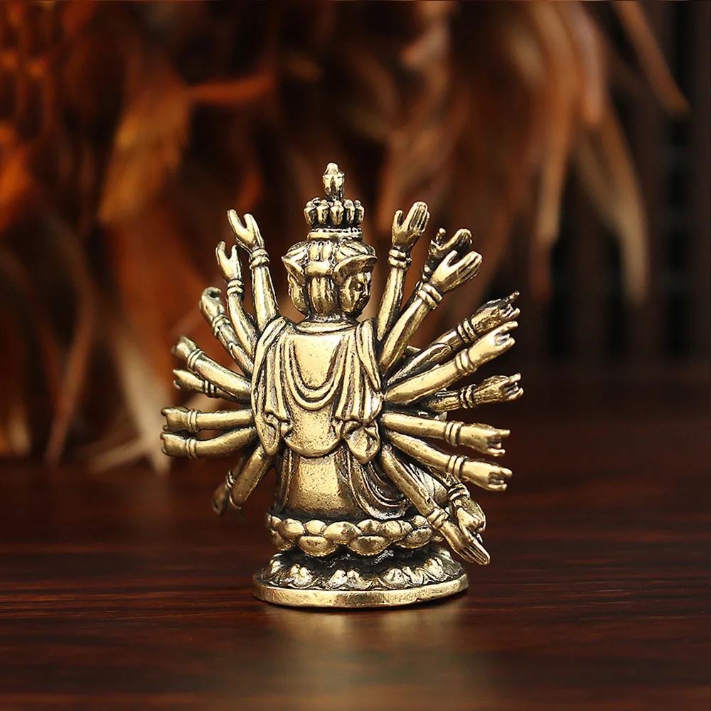 Brass Thousand Hands Guan Yin Buddha Statue Mini Desktop Ornament Lucky Auspicious Protection Feng Shui Home Decor