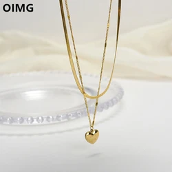 OIMG 316L Stainless Steel Necklace Gold Color Double Layer Heart Pendant Exquisite Accessories for Women Party Jewelry Gift