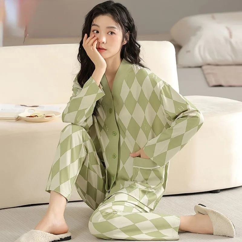Girls High-grade Cotton Pajamas Ladies Spring Autumn Sleepwear Women Long Sleeve Loungewear 2-piece Set Plus Size Home Clothes