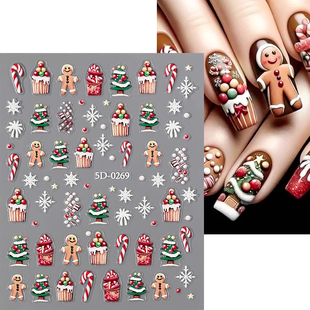 5D Embossed Engraved Gingerbread Man Nail Sticker Cute Elk Snowman Santa Claus Snowflake Slider Stickers Winter Manicure Decals