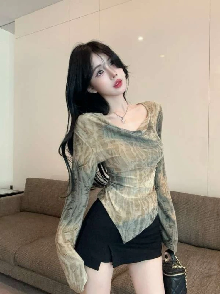 

Irregular Tie Dye Draped Neck Off Shoulder Women T Shirt Flared Long Sleeve Short Top American Retro Wasteland Style Hot Girl