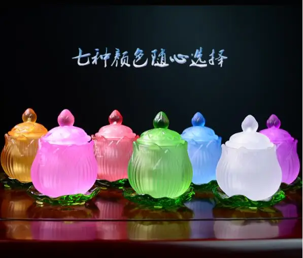 Wholesale Buddhist articles-2020  efficacious HOME family Protection Talisman- 7P Colored Glaze Lotus lamp holder Holy water cup
