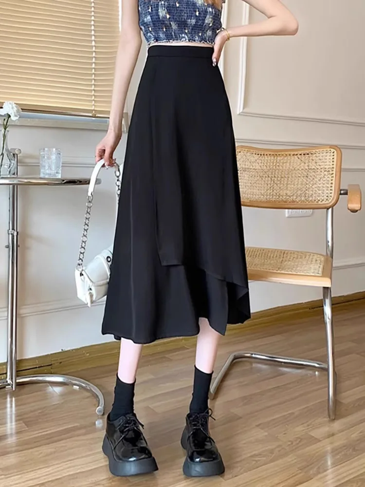 Black Asymmetrical A-Line Midi Skirt Women's High Waist Spring New Style Hepburn Half Skirt Polyester Fabric Formal Wear