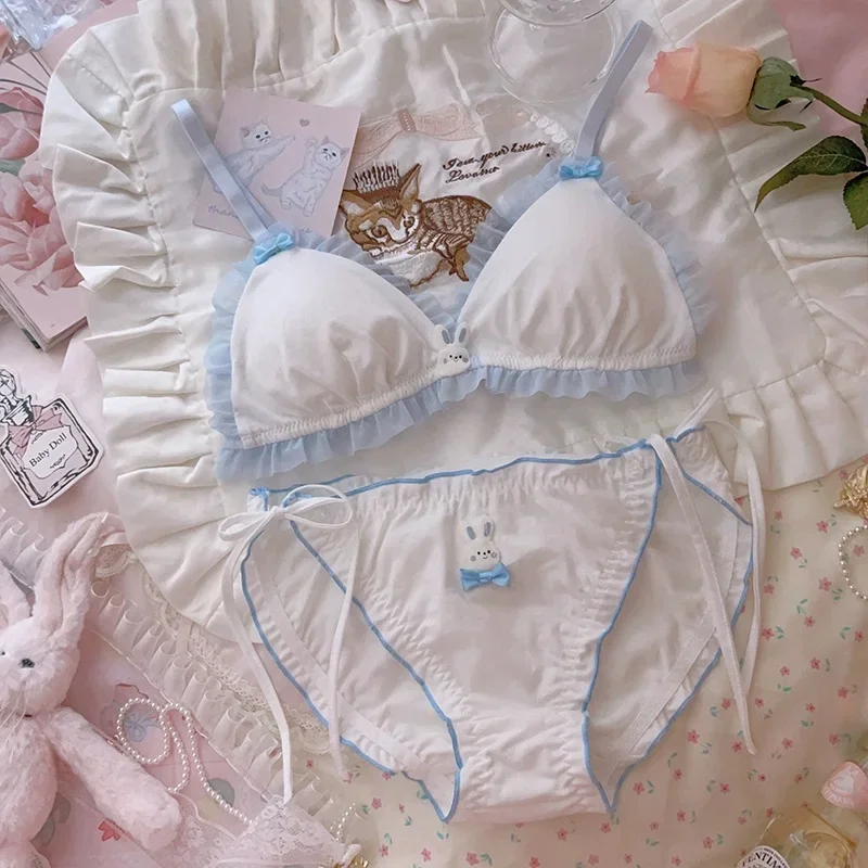 

Rabbit cute sweet Japanese girl lingerie cotton white underwear small chest flat chest triangle cup bra set