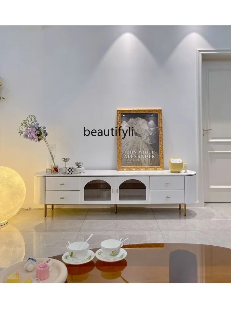 

zzLight Luxury Stone Plate TV Cabinet and Tea Table Combination Living Room French Retro Floor Cabinet Modern Minimalist Advance
