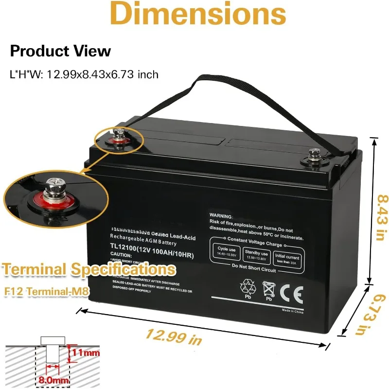 Deep Cycle AGM 12 Volt 100Ah Battery, Maintenance-Free, 3% Self-Discharge Rate, 1150A Max Discharge Current, Perfect for RV,