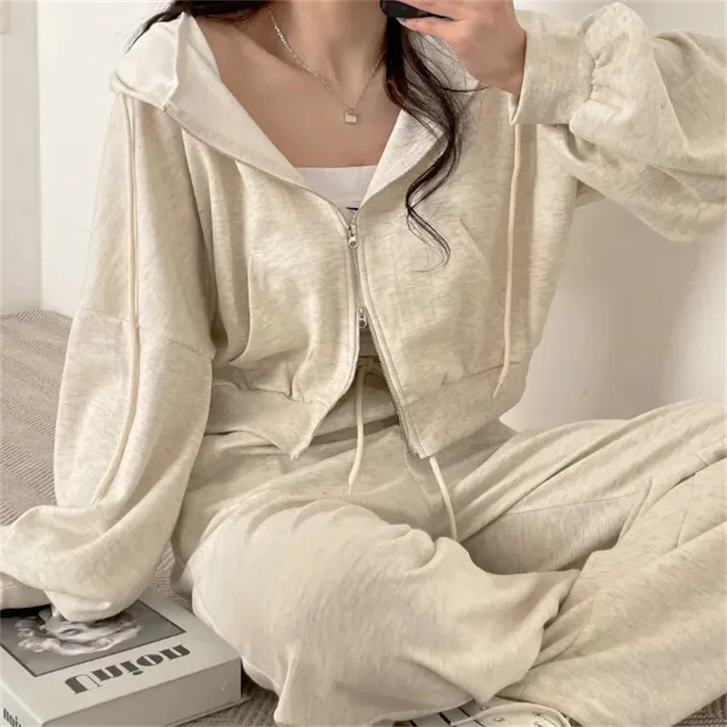 Korean Style Long Sleeved Pants Suits for Women, Zipper Top, High Waist, Casual Female Loose Sports, New Fall, 2024