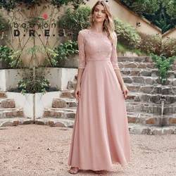 BABYONLINE In Stock Bridesmaid Gown Long Sleeve Floral Lace Appqulies Chiffon A-line Skirt Boho Wedding Party Guest Gown