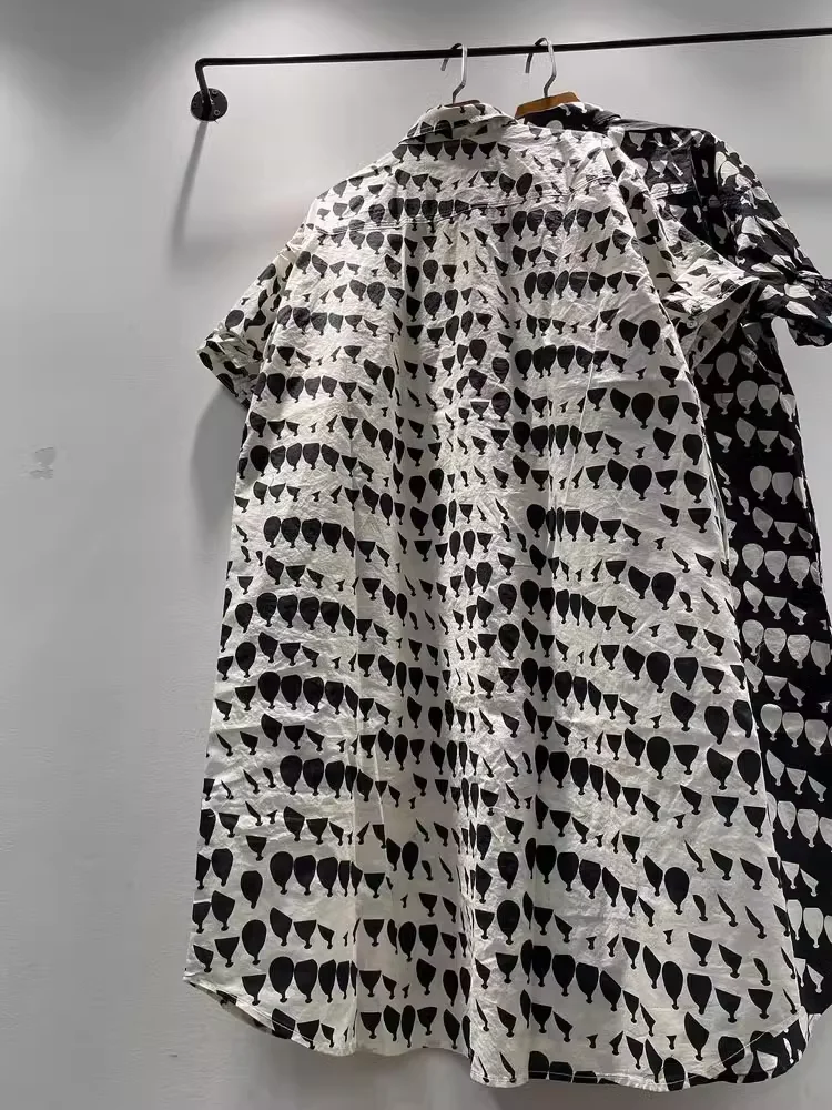 Fall clothes 2026 women Japan style cotton short sleeve geometric pattern dress for women single-breasted long shirt dress
